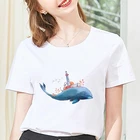 Женская футболка с коротким рукавом, модная футболка с принтом Кита, женская футболка в стиле Харадзюку, женская одежда, белые топы с круглым вырезом, Новинка лета 2019