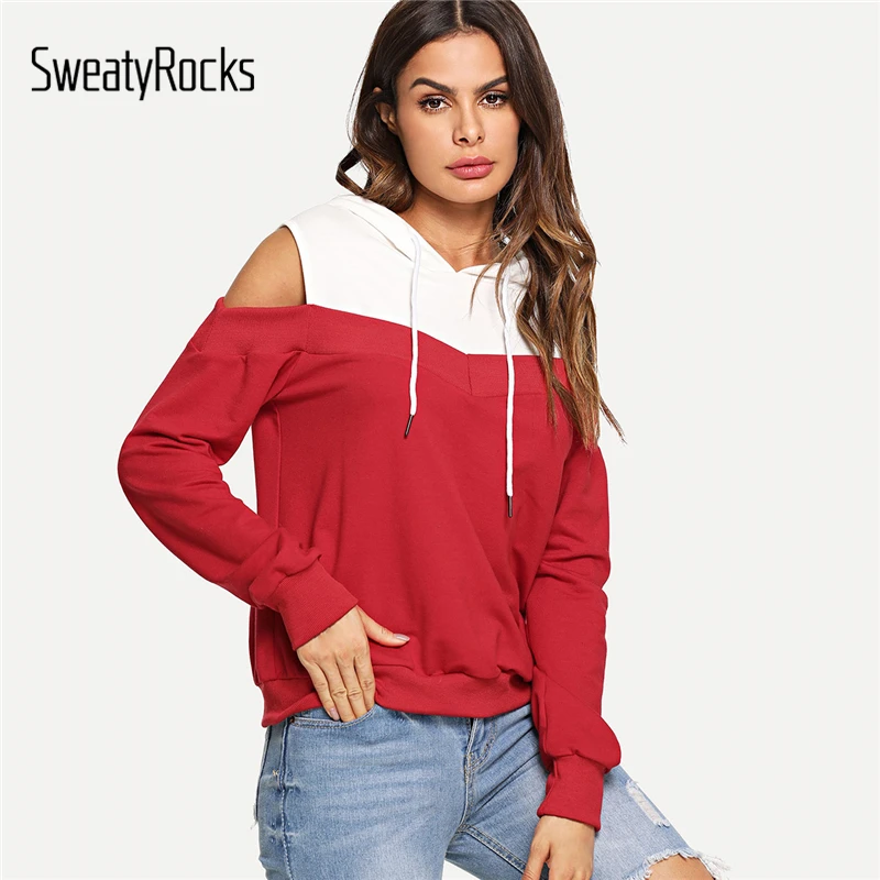 SweatyRocks Athleisure толстовка с капюшоном и завязками на плечах, пуловер с длинным рукавом, толстовки, Модные осенние женские повседневные толстовки