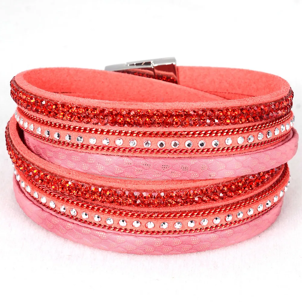 Женский кожаный браслет с двойной металлической цепочкой и кристаллами|wrap leather