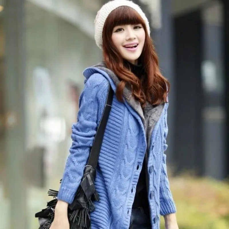 

Spring Korean Womens Winter Hooded Mid Long Thicken Sweater Female Warm Cardigan Slim Fit Coat Warm Coat Outwear Plus Size