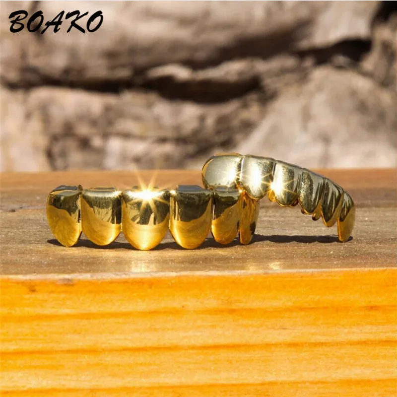BOAKO золотые накладные зубы Grillz набор верхних и нижних грилей зубные хип-хоп зубные колпачки панк зубные грили мужские Cosply Rapper Украшения для тела