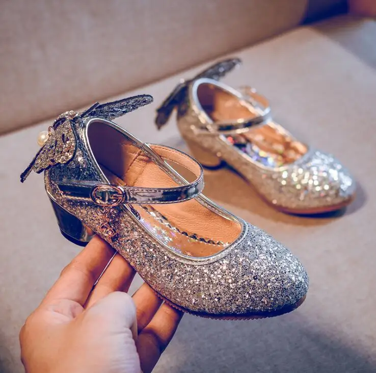 Серебристый Fantasy fashion sequins Girls high heel princess shoes spring and autumn new Korean version butterfly children's shoes - Цвет: Серебристый