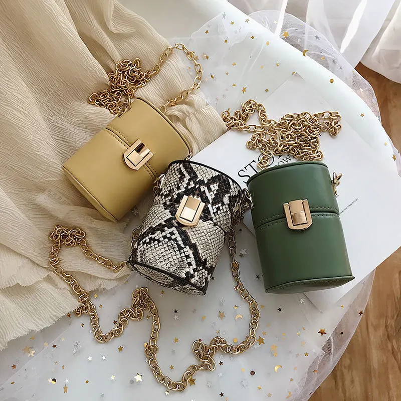 

Retro Luxury Designer Snake Printing Bucket Bag Women's Cylinder Shoulder Bags Pu Leather Small Messenger Bag Ladies Chains Bag