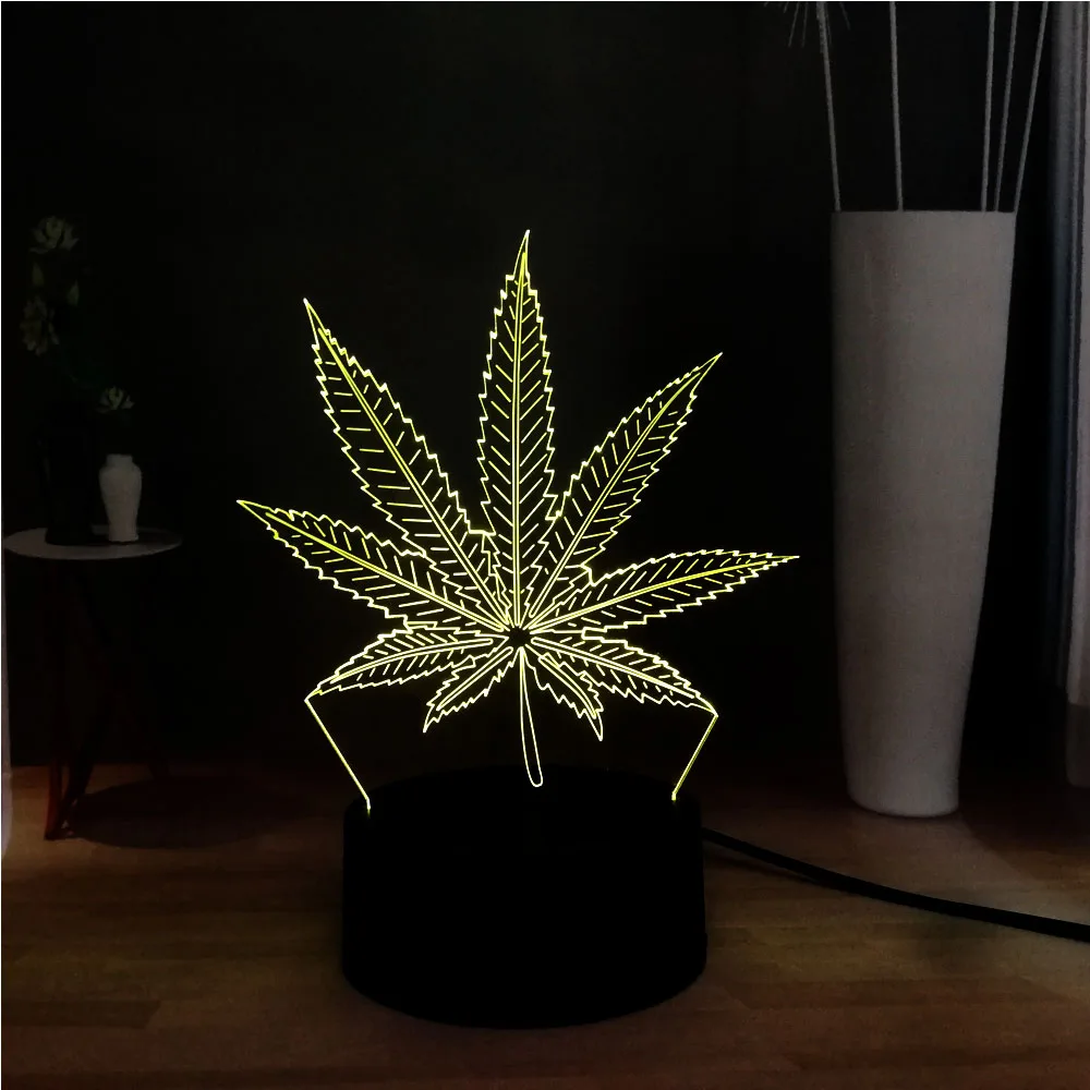 Новинка, акриловое растение, травка, лист конопли, 3D иллюзия, светодиодный Декор, для спальни, RGB, USB, база, Настольный светильник, ночник, милое настроение, подарок на праздник, для друзей