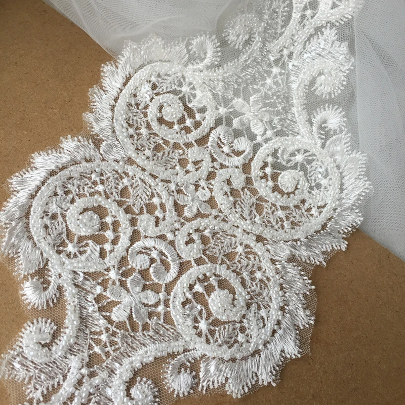 2PCS Handmade Beads 3D Wedding Dress Applique DIY Bridal Headdress Ivory White Lace Collar Fabric Patch RS1296 | Дом и сад