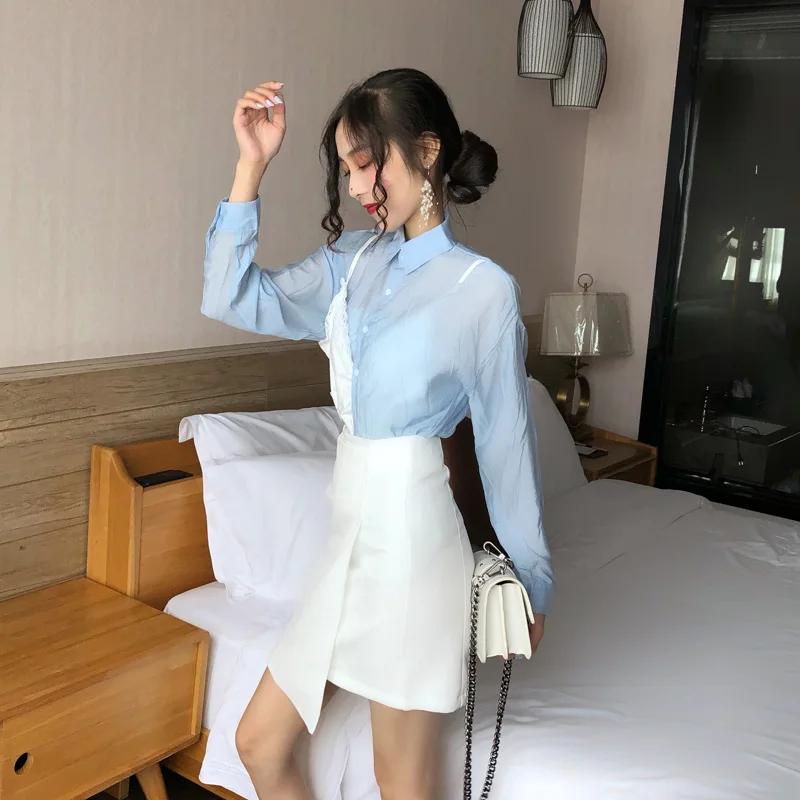 Lychee Девушки Кружева Спагетти ремень Лоскутная Женская рубашка отложной воротник