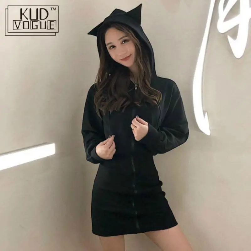 Каваи толстовка с капюшоном Харадзюку длинный свитер женский черный Панк