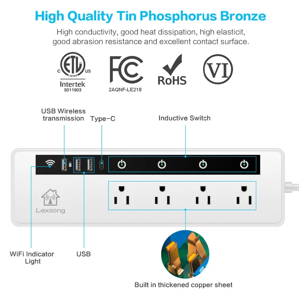 

Wifi Smart Power Strip 4 Outlets Plug with 4 USBCharging Port Timing App Voice Control Work with Alexa Google Home Assistant