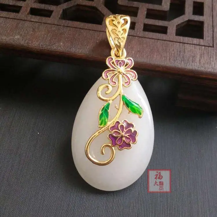 

Natural Xinjiang Kunlun white jade Drop Pendant, cloisonne necklace, female jade jewelry, holiday gift
