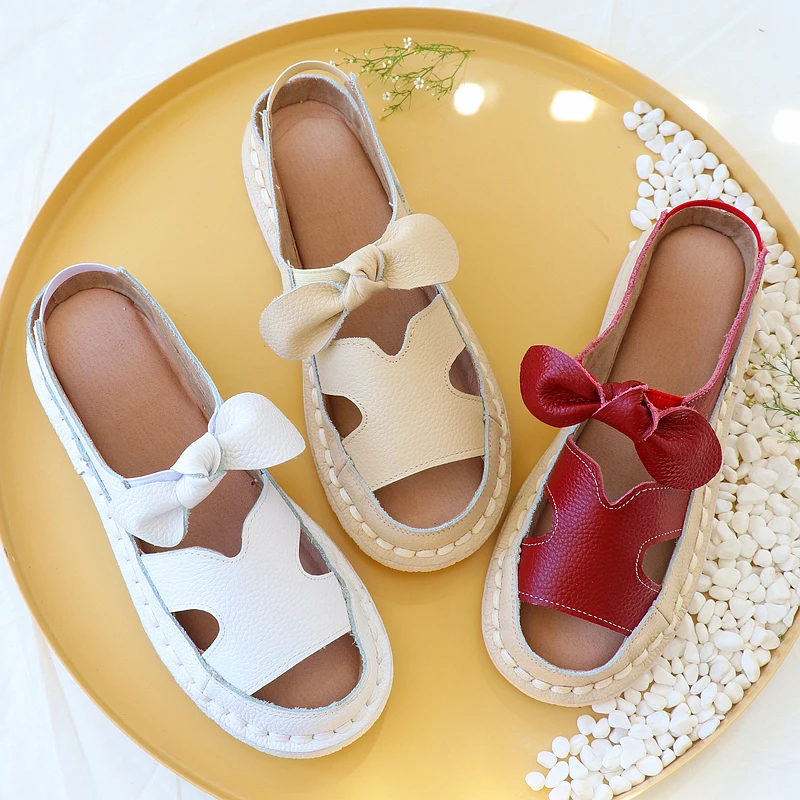 Careaymade-Cowhide soft sole hollow shoes Literature Art Korean flat sole pregnant women's shoes Roman  comfortable sandals