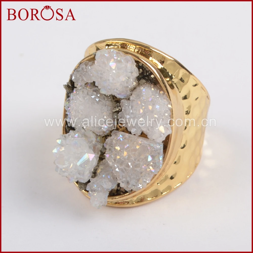 BOROSA Кольца нового стиля! Золотой Цвет Грубый Титан друзы Кристалл чипы кольца для