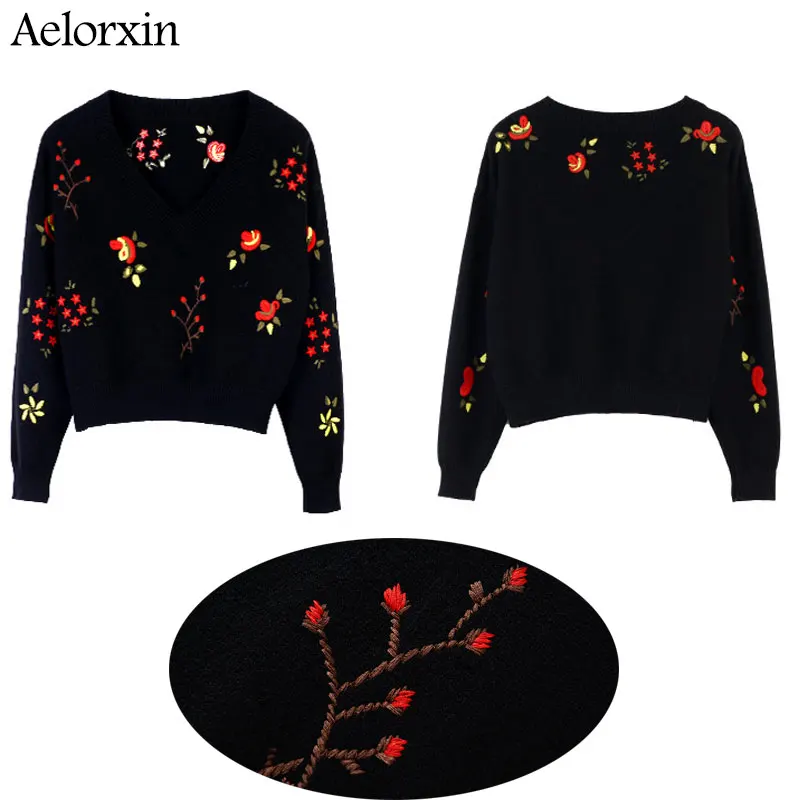 2017 Autumn Sexy V-neck Embroidery Knitted Sweater Women Christmas Pull Femme Jumper Vintage Sweaters and Pullovers S M L | Женская