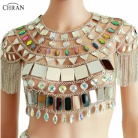 chran tassels shoulder chain jewelry fashion festival costume cosplay wear body chain iridescent sequin crop top