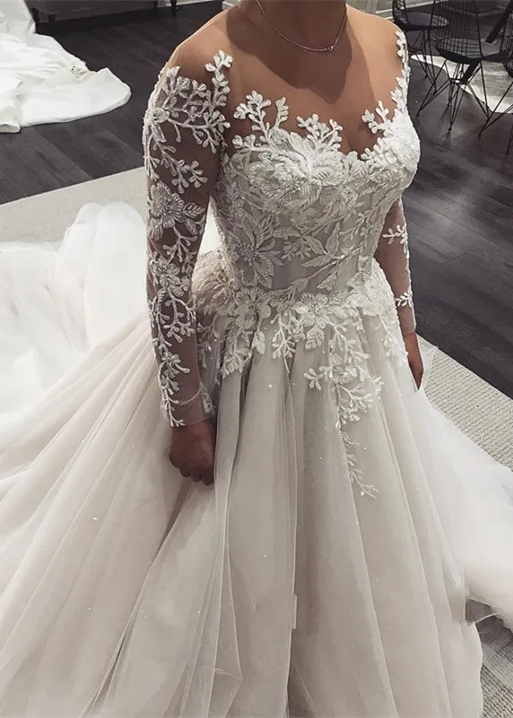 Модное Тюлевое свадебное платье с длинным рукавом и кружевной аппликацией