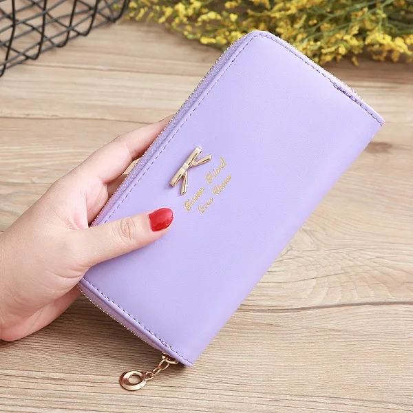 Purple Wallet Женский Длинный клатч, кошельки для женщин, Новая мода из искусственной кожи монета с изображением завязанного банта, сумка, кошелек, кошельки для телефона, простой милый женский кошелек с отделением для карт - Цвет: Purple Wallet