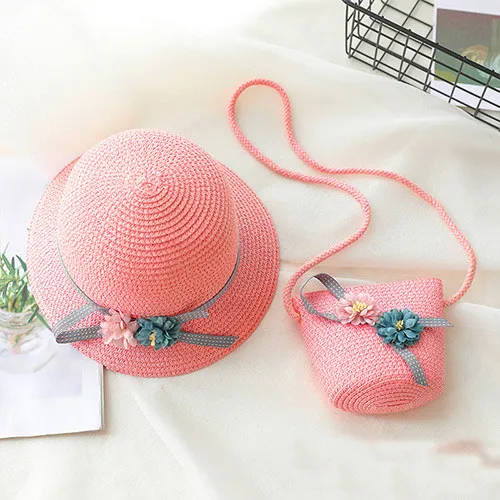 small flower red Соломенная красивая шляпа с цветочным рисунком для маленьких девочек, летняя шляпа для девочек, пляжная шляпа с козырьком, соломенная сумка, комплекты из двух предметов - Цвет: small flower red