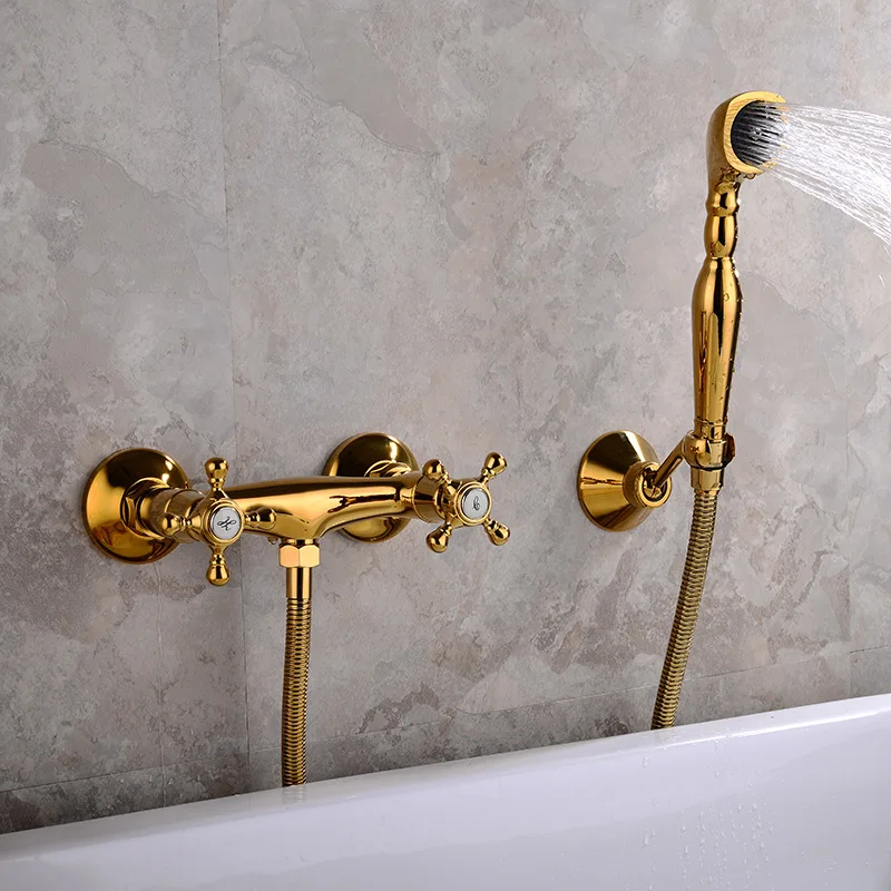 Фото Смеситель для ванны с латунным настенным креплением кран ручным душем винтажный набор двойной перекрестной