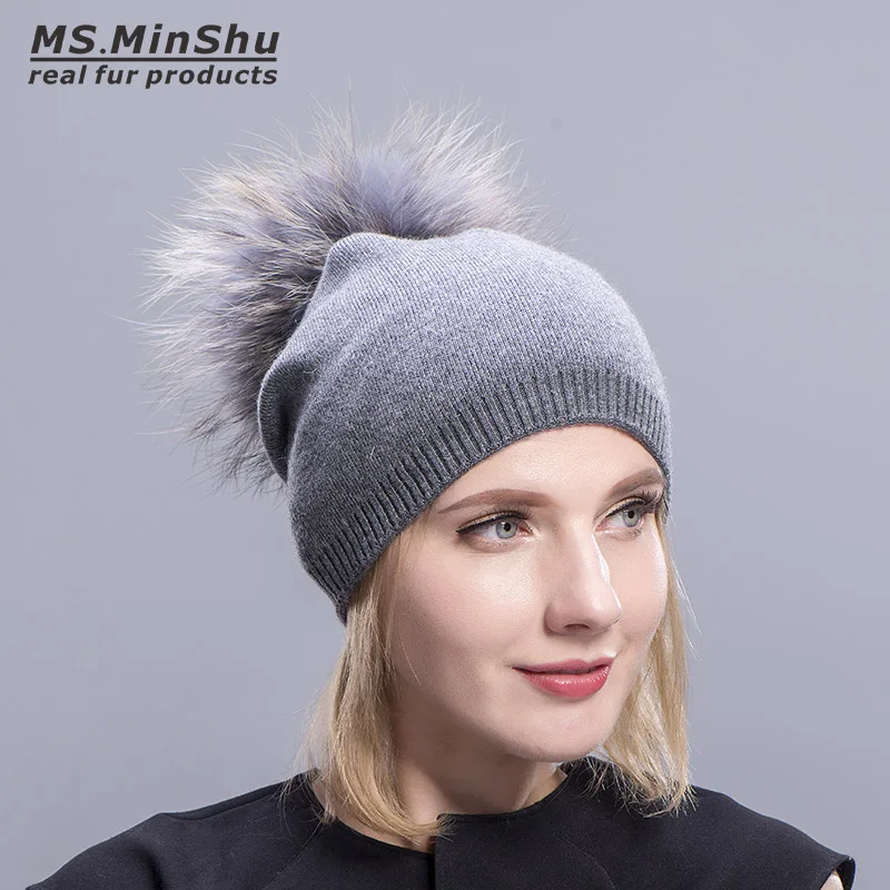 Ms. MinShu, кашемировые шапки для женщин, помпон, шапочки, меховая шапка, женские теплые шапки с натуральным мехом енота, помпон, шапка для взрослых
