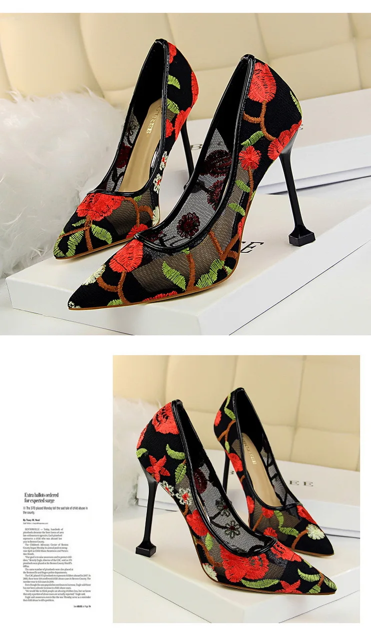 Women Pointed Toe Emboridery Lace Net Yarn High Heels Pumps Shoes Lady European Design Flowers Hollow Sexy Party Dress Stilettos