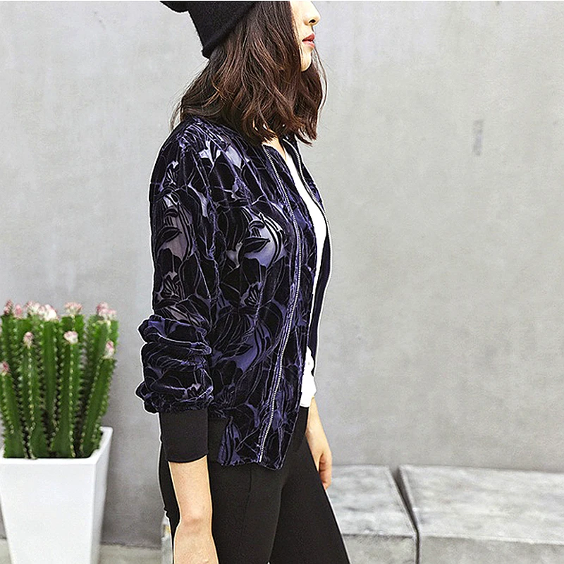 Женская куртка 45% шелк ткань бархат сжигающий цветок выдалбливают длинный рукав
