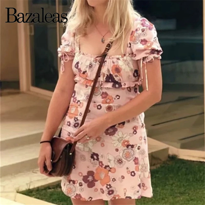 Bazaleas розовое цветочное мини платье центр галстук с открытой спиной Vestidos модная