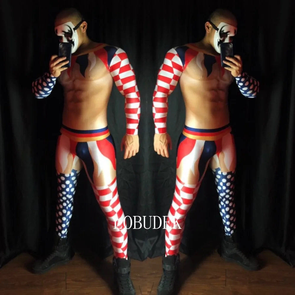 Colorful Pattern False Muscle Printed Skinny Jumpsuit Bar Club Male Pole Dancing Elastic Leotard Sexy Stage Wear DJ Performance |