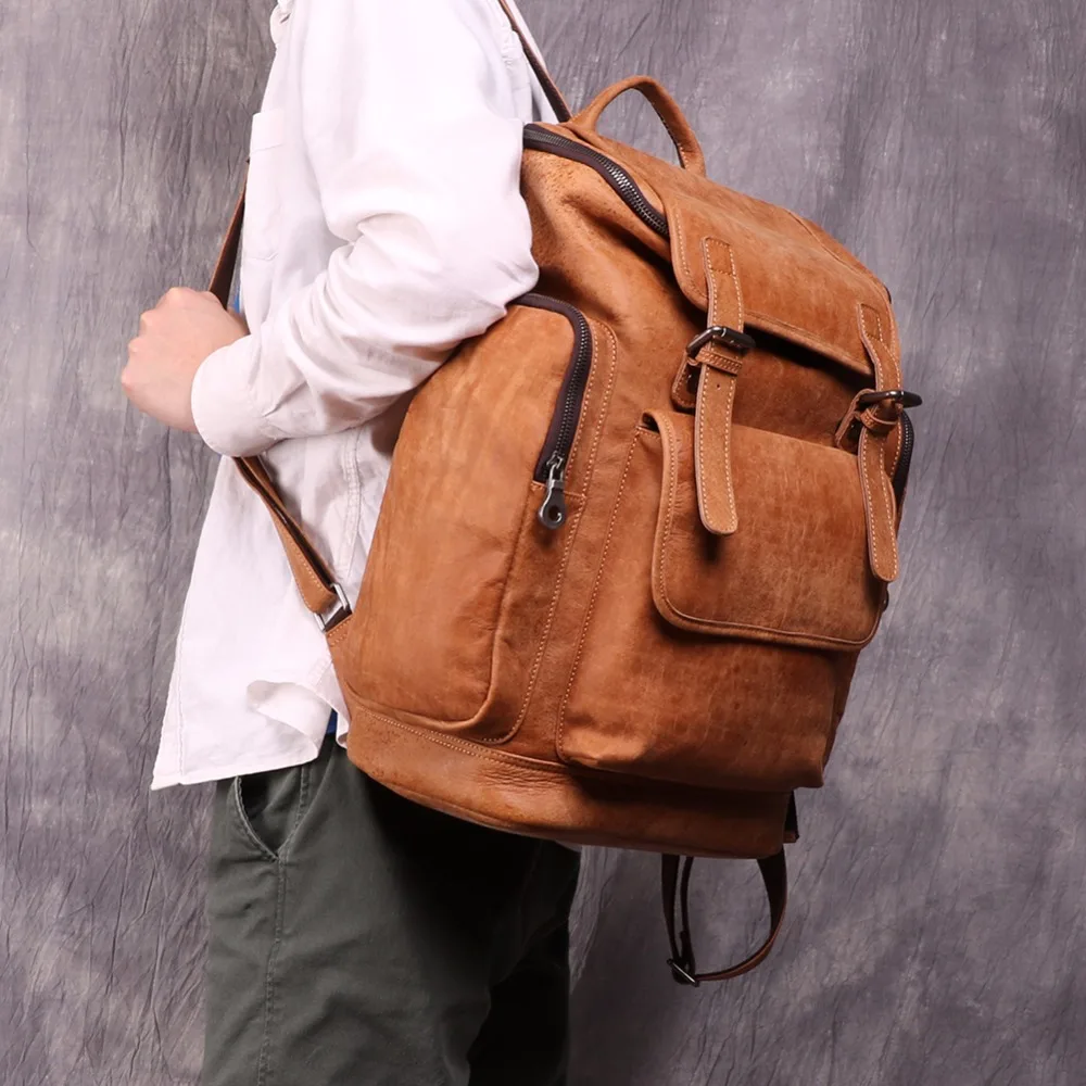 

Male Vintage School Bag Genuine Leather Backpack Men 15.6" Laptop Daypacks Large Capacity Travel Backpack Leather Rucksack