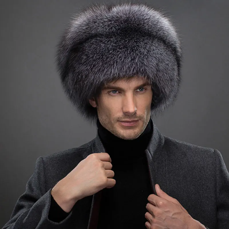 Russian real natural silver fox fur cap man with lady fox tail male winter soft hat