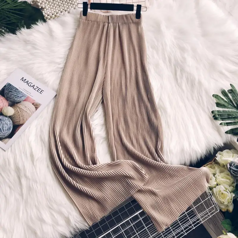 beige Новые модные широкие брюки для женщин нежные темпераментные однотонные Свободные плиссированные брюки с эластичной резинкой на талии универсальные повседневные брюки для женщин - Цвет: beige