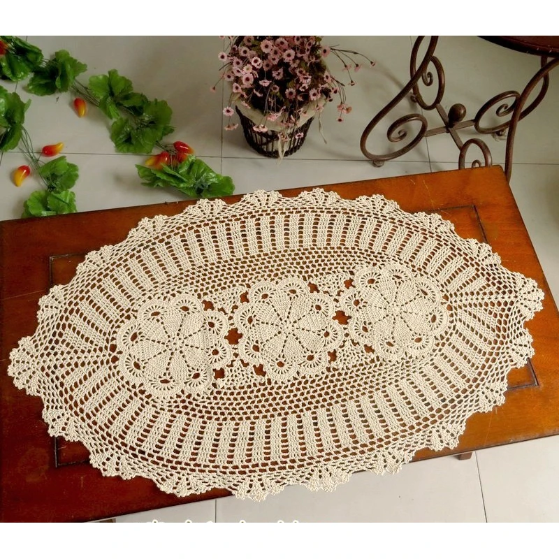 Винтажная хлопчатобумажная скатерть ручной работы овальная ажурная с кружевом в