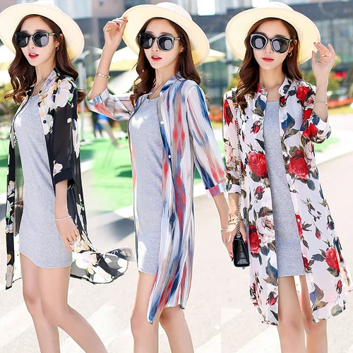 

Fashion Kimono Cardigan Women 2019 Summer Tops Loose Stripe Flower Printed Blouse Casual Beach Cover Up Shirt Plus Size Blusas