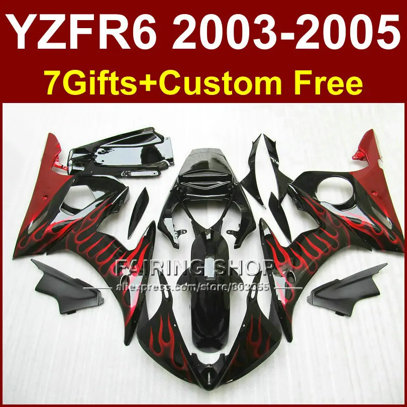 Комплект обтекателей для YAMAHA YZFR6 2003 2004 2005 YZF R6 03 04 05 YZF1000 красное пламя в черном