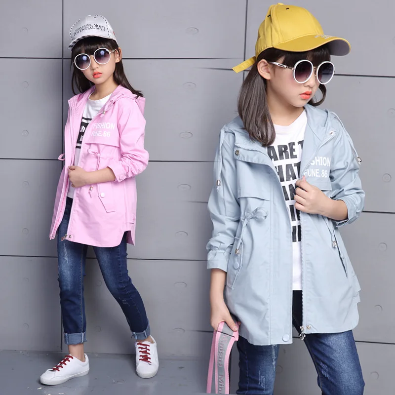 Teenager Spring Autumn Girls Trench Coat Fashion Hooded Jacket Long Cardigan Kids School Clothing Casual Outwear 3-14 Age | Детская