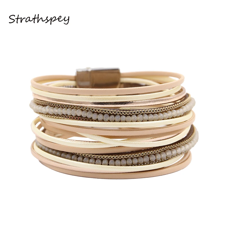 STRATHSPEY винтажный кожаный браслет для женщин Стразы Кристальные широкие браслеты