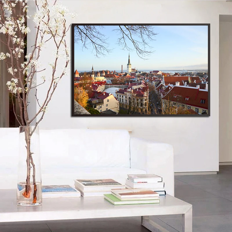 Вид маленького старого Европейского загородного города HD печать фото плакат