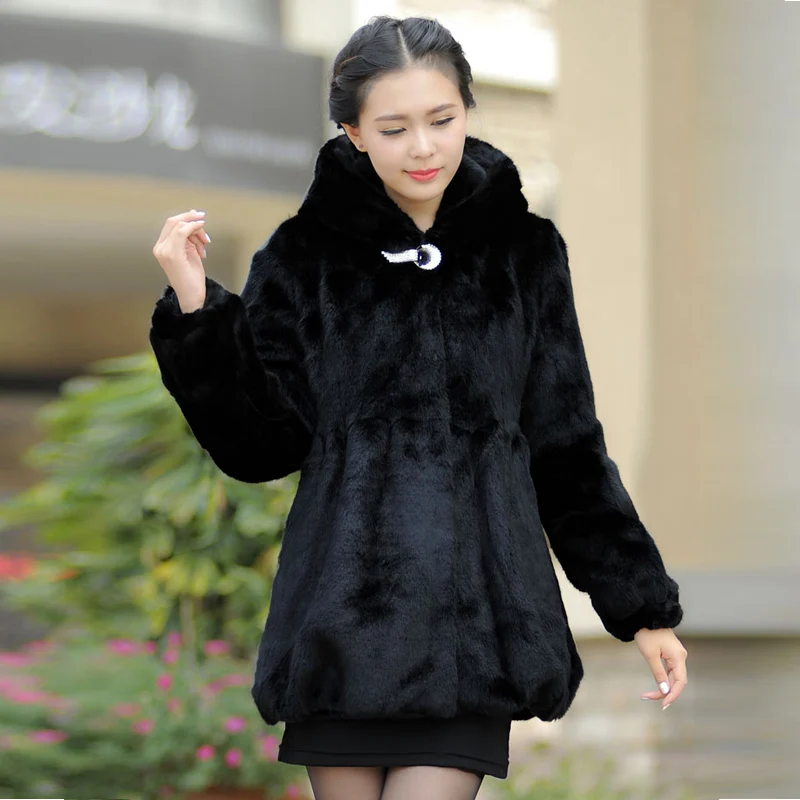 

Plus Size Women Clothing Faux Rabbit Patchwork Fur Coat Winter Women's Medium-long Artificial fur overcoat with a hood Black
