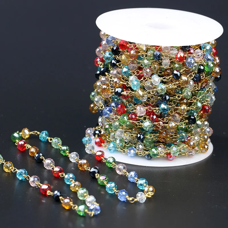 5Meter Rainbow Crystal Rosary Chain Wire Wrapped Beaded Chain Rondelle Faceted Crystal Beads DIY Jewelry Accessories Bracelet