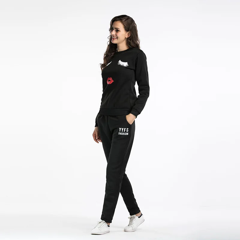 

Leisure Cotton Full Flare Sleeve Drawstring Floor-length Top Fashion Sale Woman 2018 Spring Clothes Trousers Lips Printing Suit