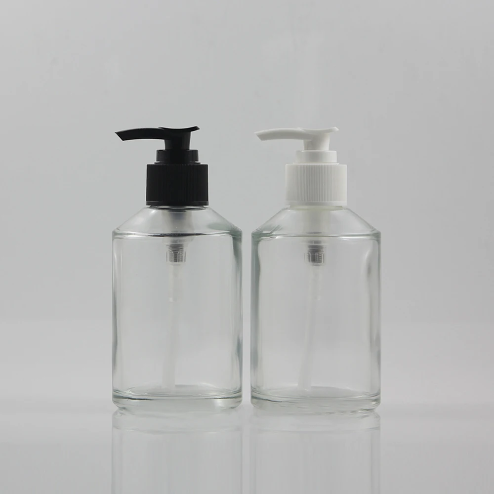 30pcs empty 200 ml round clear glass lotion packaging with white or black pump, 200ml glass cosmetic bottle for liquid cream