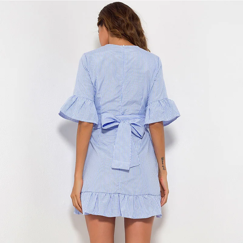 Повседневное Кружево до мини-платье 2018 Лето Для женщин синий полосатый Flare
