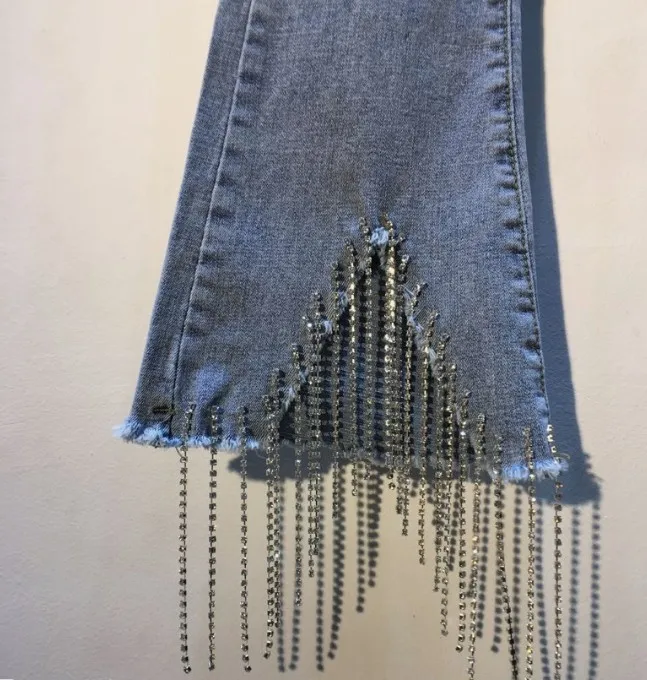 Весна лето 2019 европейские женские новые брюки алмазные бусины с бахромой высокая