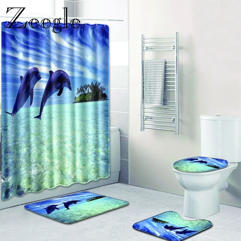 

Zeegle Dolphin Pattern Bath Mat for Bathroom with Shower Curtain 4PCS Toilet Lid Cover Bathroom Floor Mats Microfiber Toilet Rug