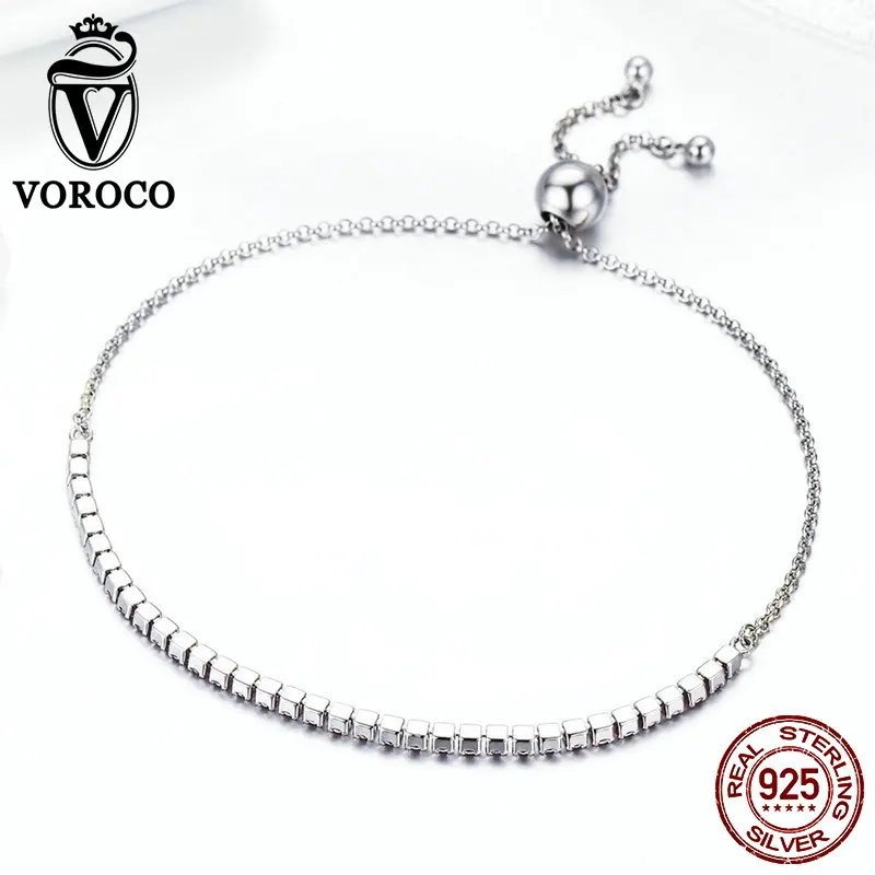

VOROCO Brilliant CZ Adjustable Bangle Women 100% Pure 925 Sterling Silver Geometric Bracelet Female Elegant Charm Jewelry BKB045