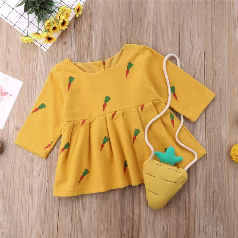 Toddler Children Baby Girls Dress Carrot Print Long Sleeve Autumn Round Neck Princess Party Dresses Girl Clothing Cute Cotton | Детская