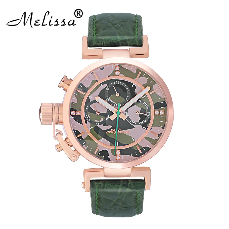 

Женские повседневные часы Melissa, камуфляжные кварцевые наручные часы из натуральной кожи, большие размеры