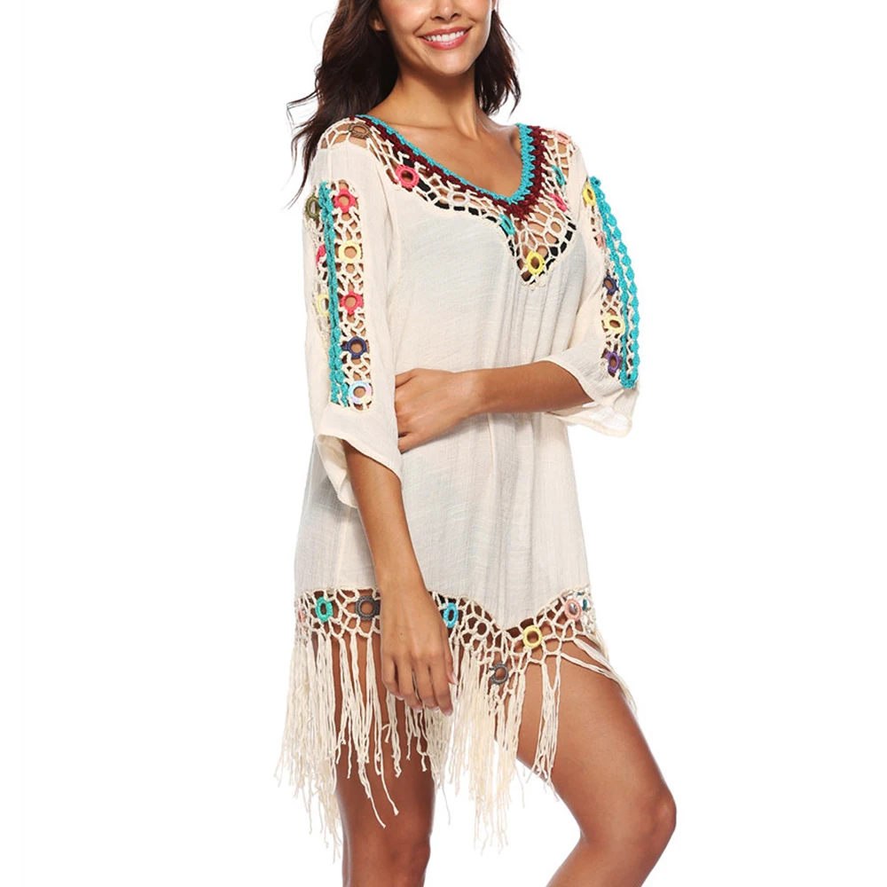 Для женщин шифон кисточкой Пляжная накидка пляжная туника сексуальная свободная