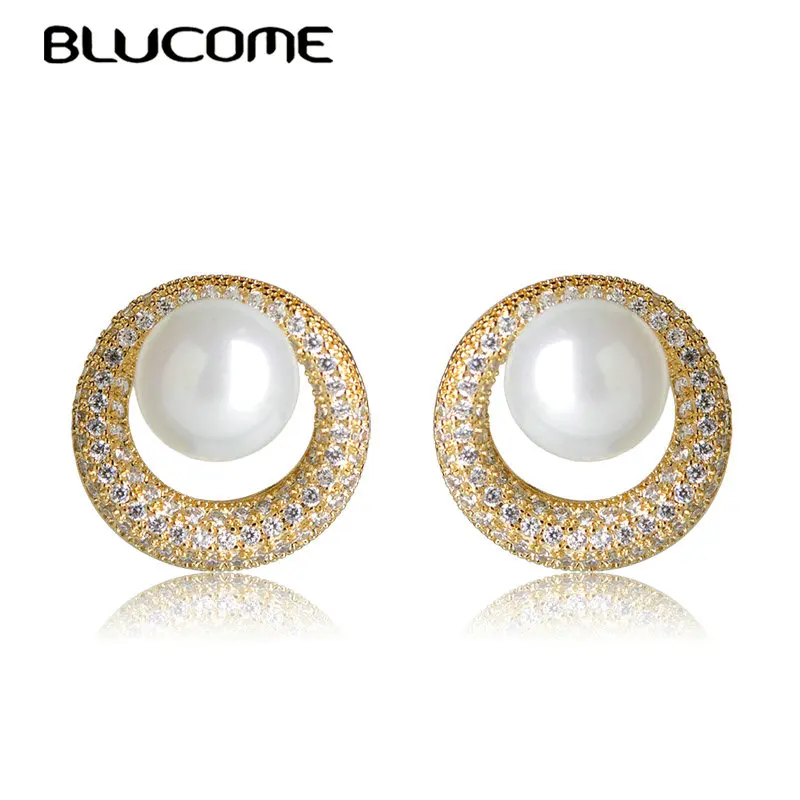 

Blucome Fashion Round White Simulated Pearl Earrings Full Rhinestones Copper Stud Earrings For Women Bridal Wedding Party Bijoux