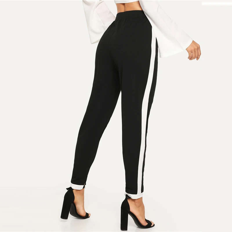 SHEIN Стильные Брюки С Контрастной Отделкой Женские Черные Осенние Спортивные Брюки