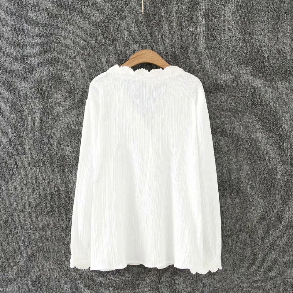 Plus size soft cotton Lace V-neck women loose white blouse 2019 spring casual office ladies long sleeve summer shirts top female | Женская