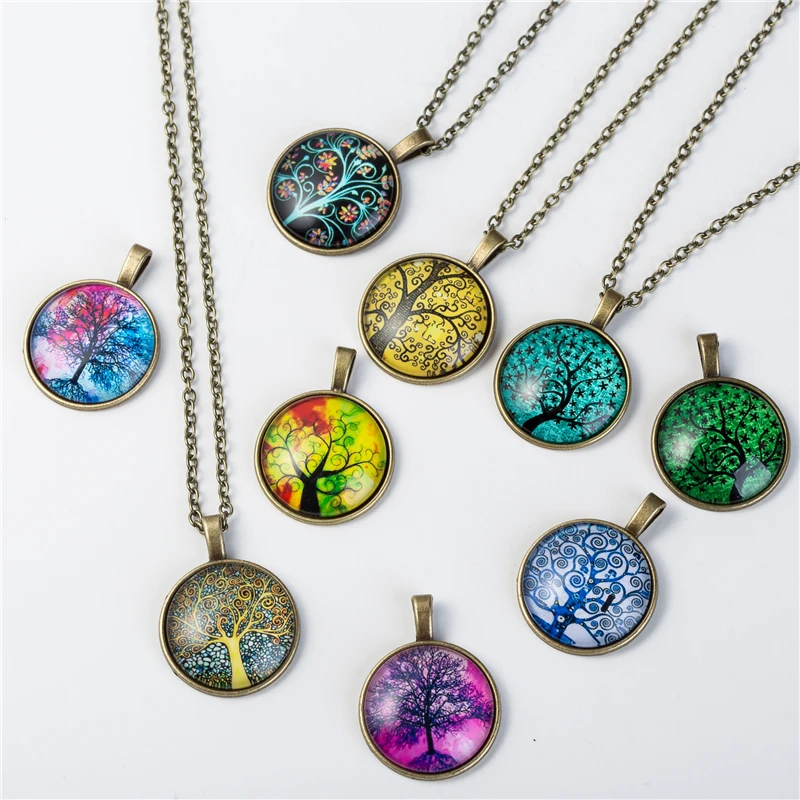 9 видов цветов подвеска с деревом жизни Ожерелье Стеклянный кабошон бронзовая